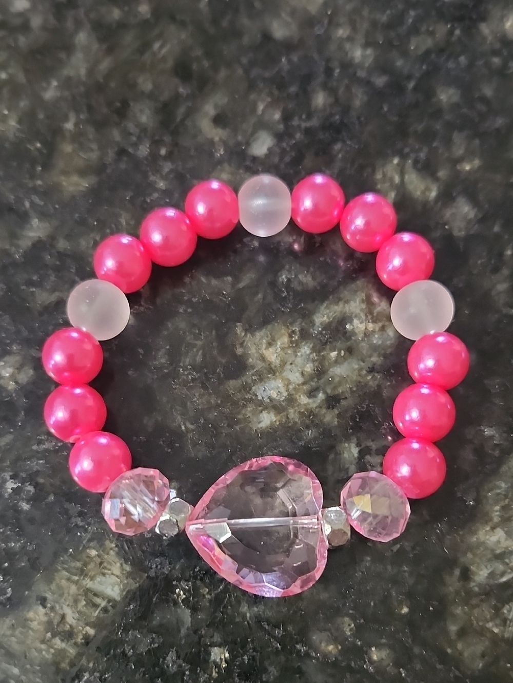 Handmade Pink Beaded Bracelet With Pink Glass Crystal Heart